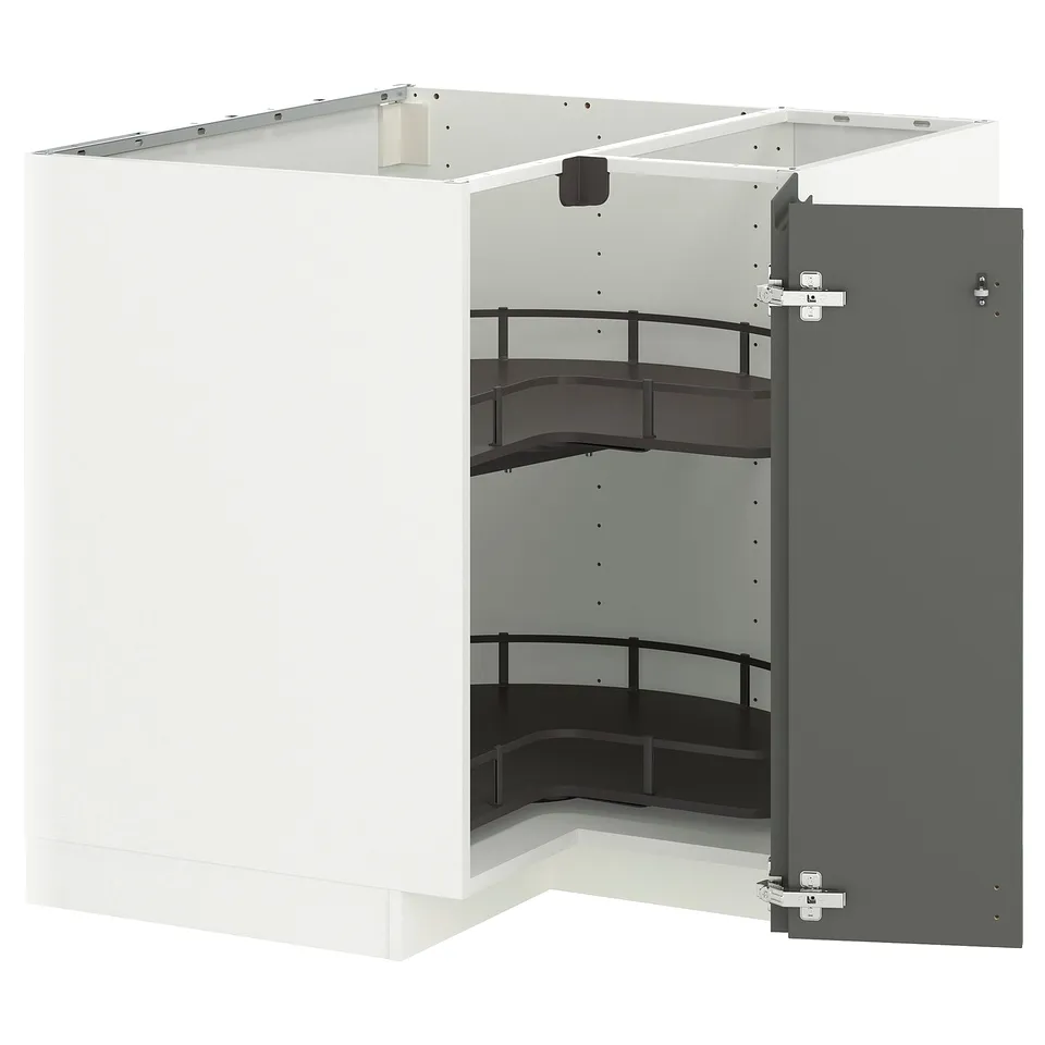 A white and grey corner kitchen cabinet with shelves. It a modern design with a grey door and multiple storage levels.