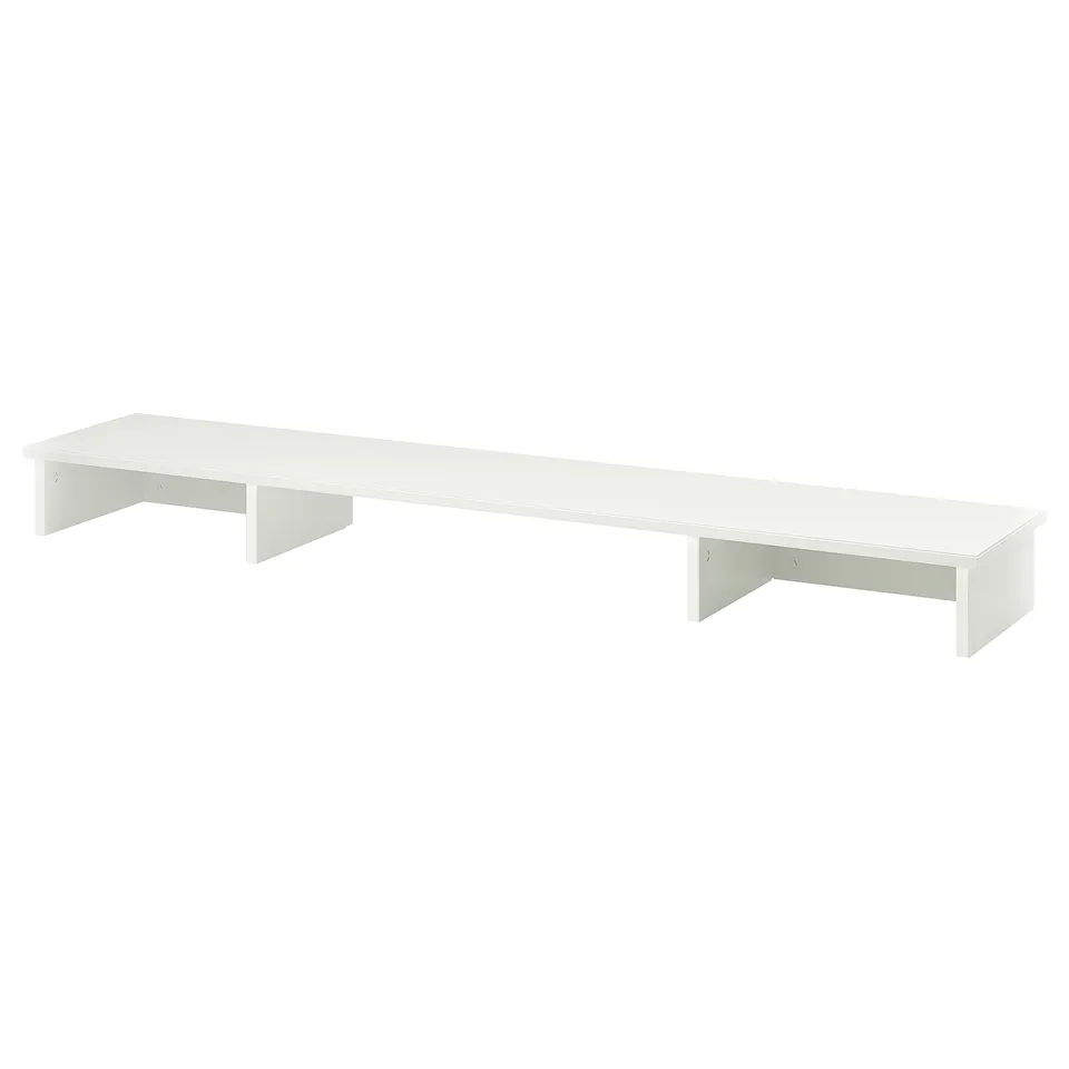 White IDANÄS desk shelf, rectangular, adds storage, lifts monitor.