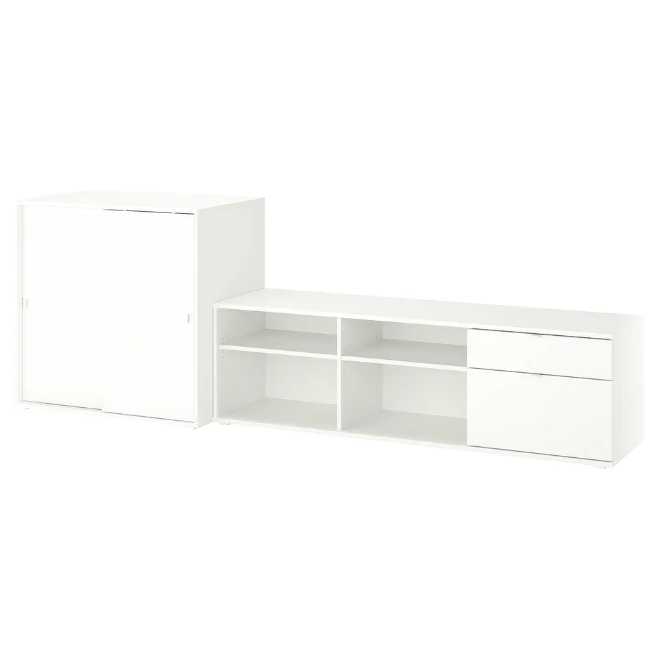 White VIHALS storage combo with shelves, drawers, and sliding doors for organising items.