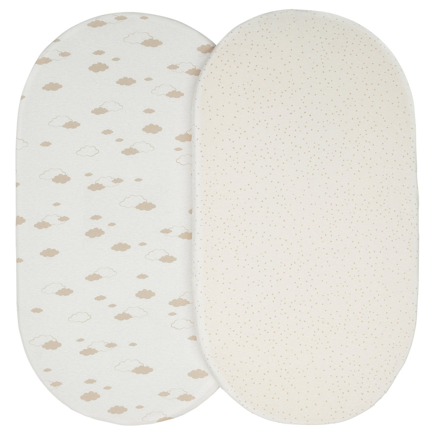 Two oval-shaped baby pillows, one white with cloud prints, the other dotted.