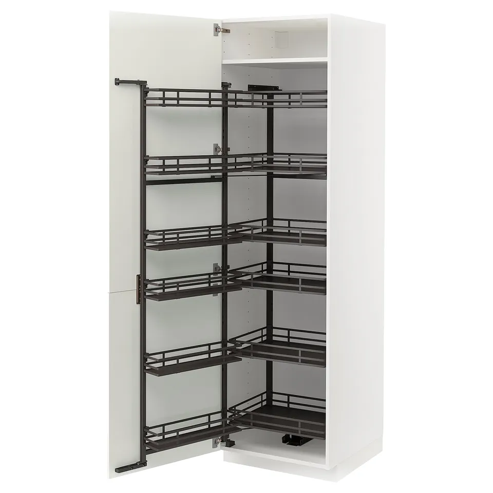 White METOD storage cabinet with pull-out shelves. Modern kitchen design, five black metal racks, clean look.