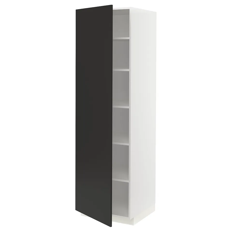 A tall, white METOD kitchen cabinet with a single open black door, revealing multiple shelves inside.