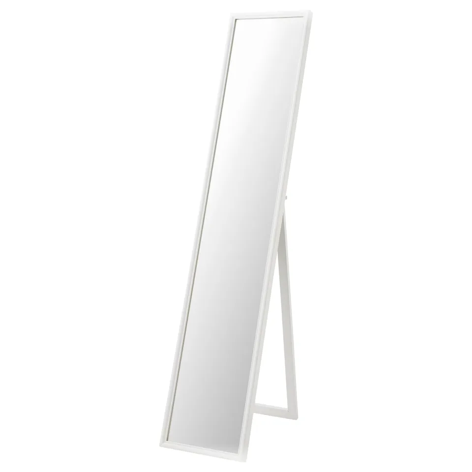 A FLAKNAN white standing mirror with a rectangular frame and clear glass, supported by an a-frame stand.