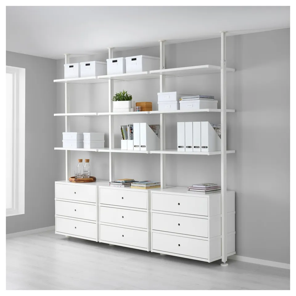 ELVARLI white storage system with drawers and shelves, organising books and decor, sleek and modern design.