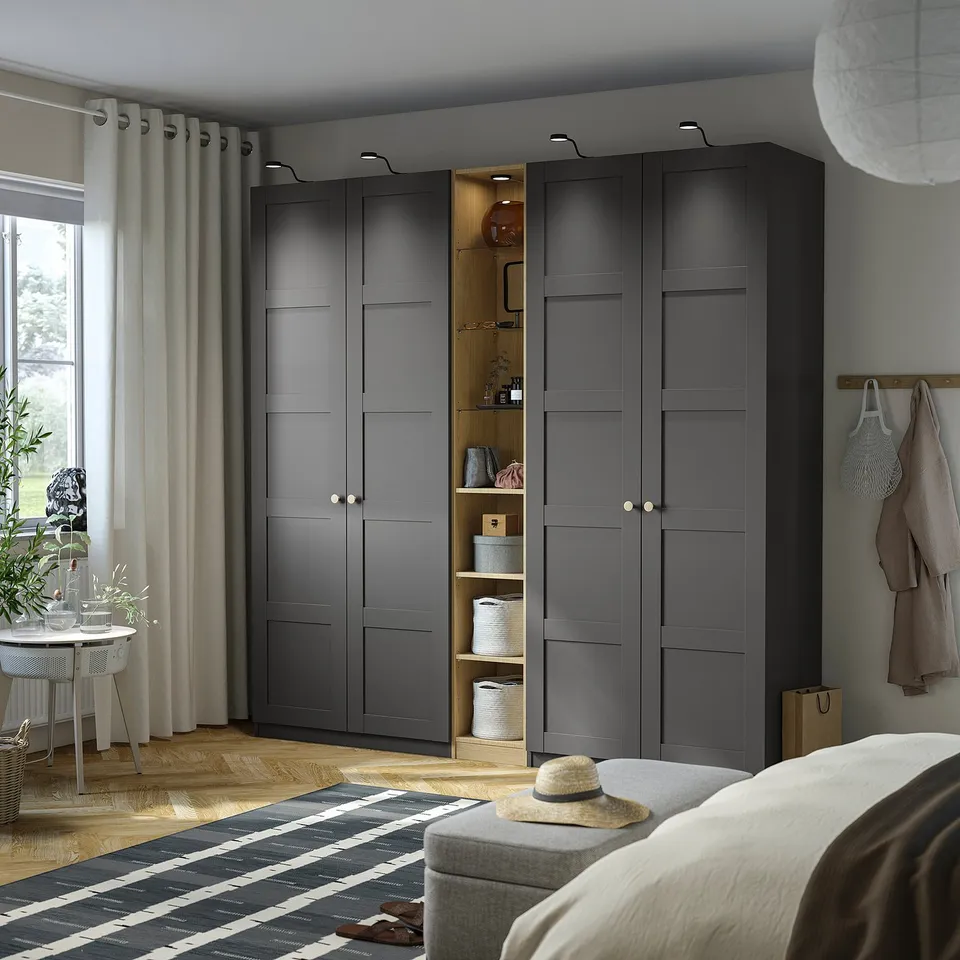 PAX / BERGSBO Wardrobe combination, dark grey dark grey/oak effect, 235x60x236 cm