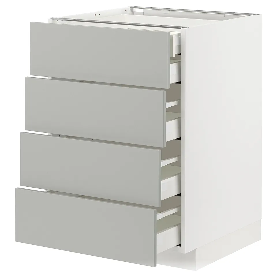 A white METOD kitchen cabinet with four grey drawers. It has a sleek, modern design with a rectangular shape and a light grey finish on the handles.