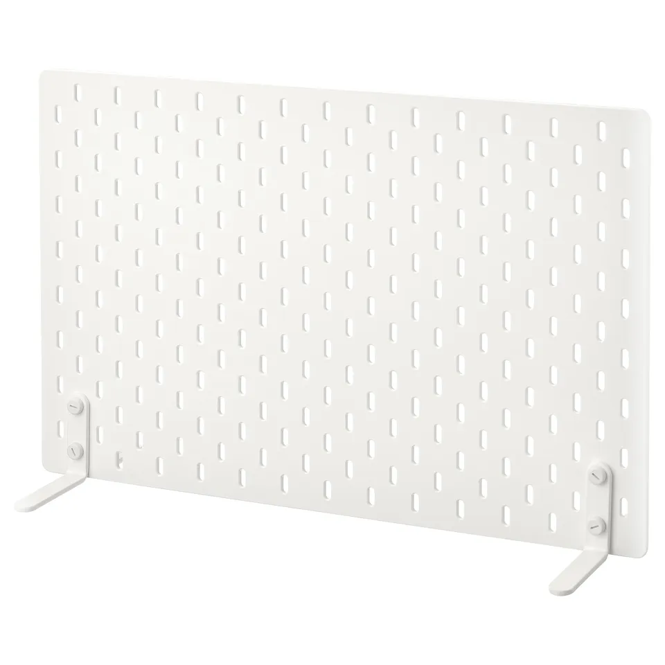 SKÅDIS white tabletop organiser, rectangular pegboard with legs for versatile storage and division.