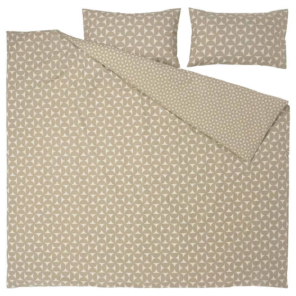 ÄNGSNEJLIKA bed set, grey-beige, geometric pattern, cotton-blend, includes duvet cover, flat sheet, pillowcases, crisp, soft, button/envelope closure.