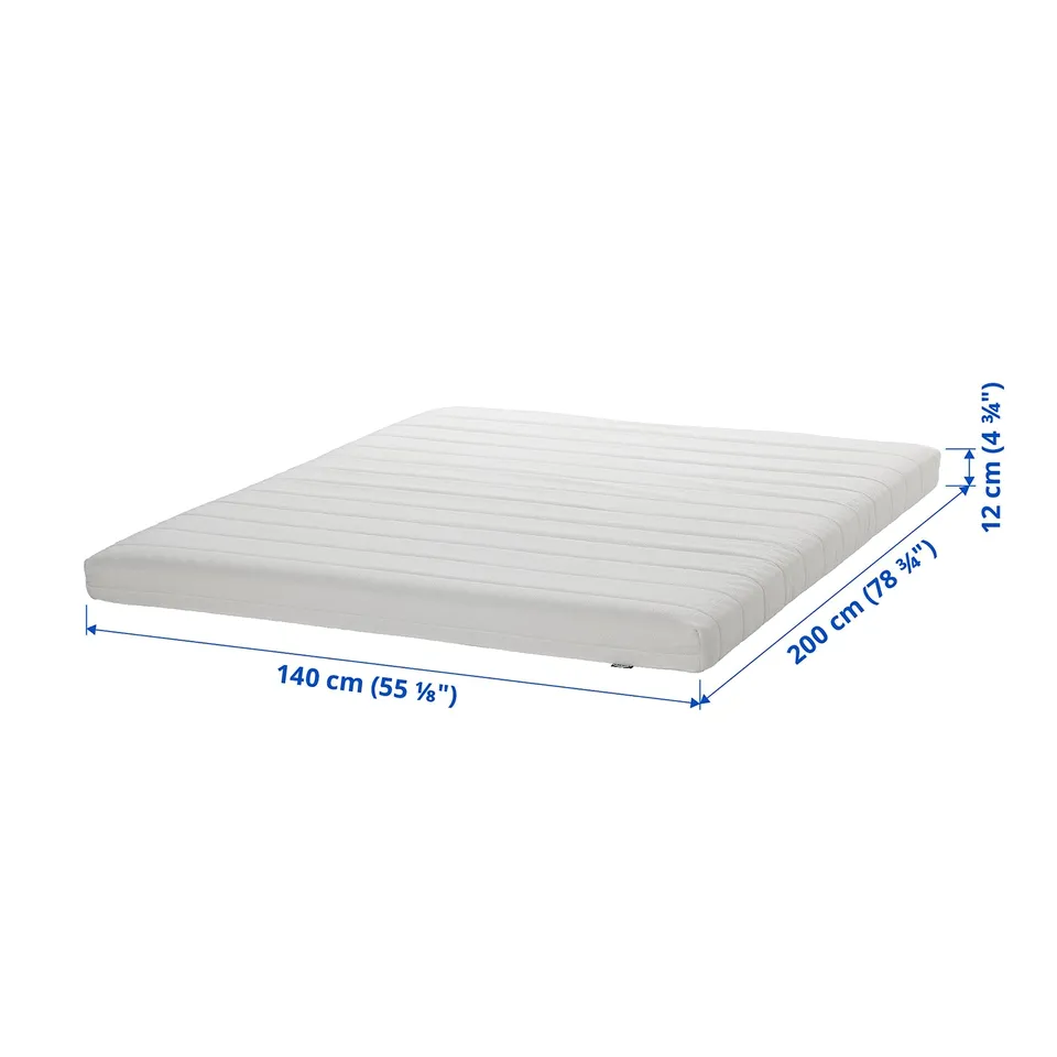 A white, rectangular foam mattress labelled ÅFJÄLL, measuring 140 x 200 cm with a 12 cm thickness. It has a quilted cover for added softness.