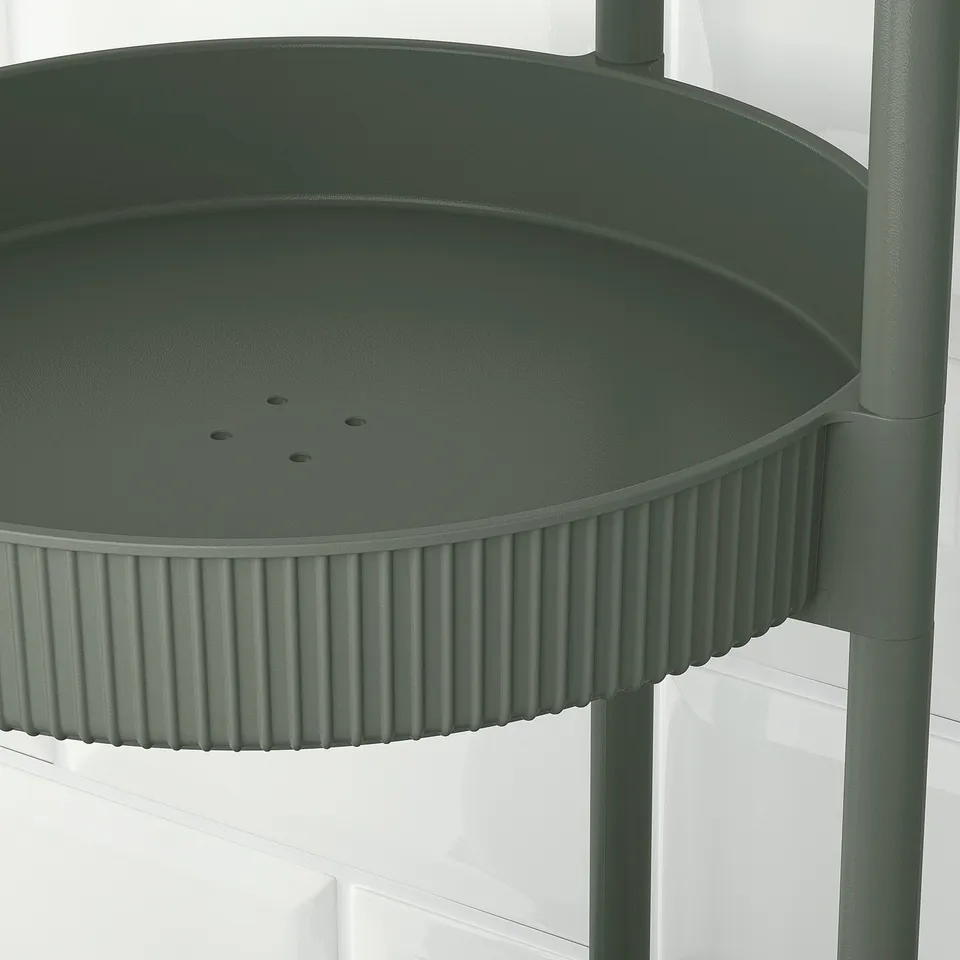 Green, modern storage trolley with three round shelves. Sturdy, stylish design for versatile use.
