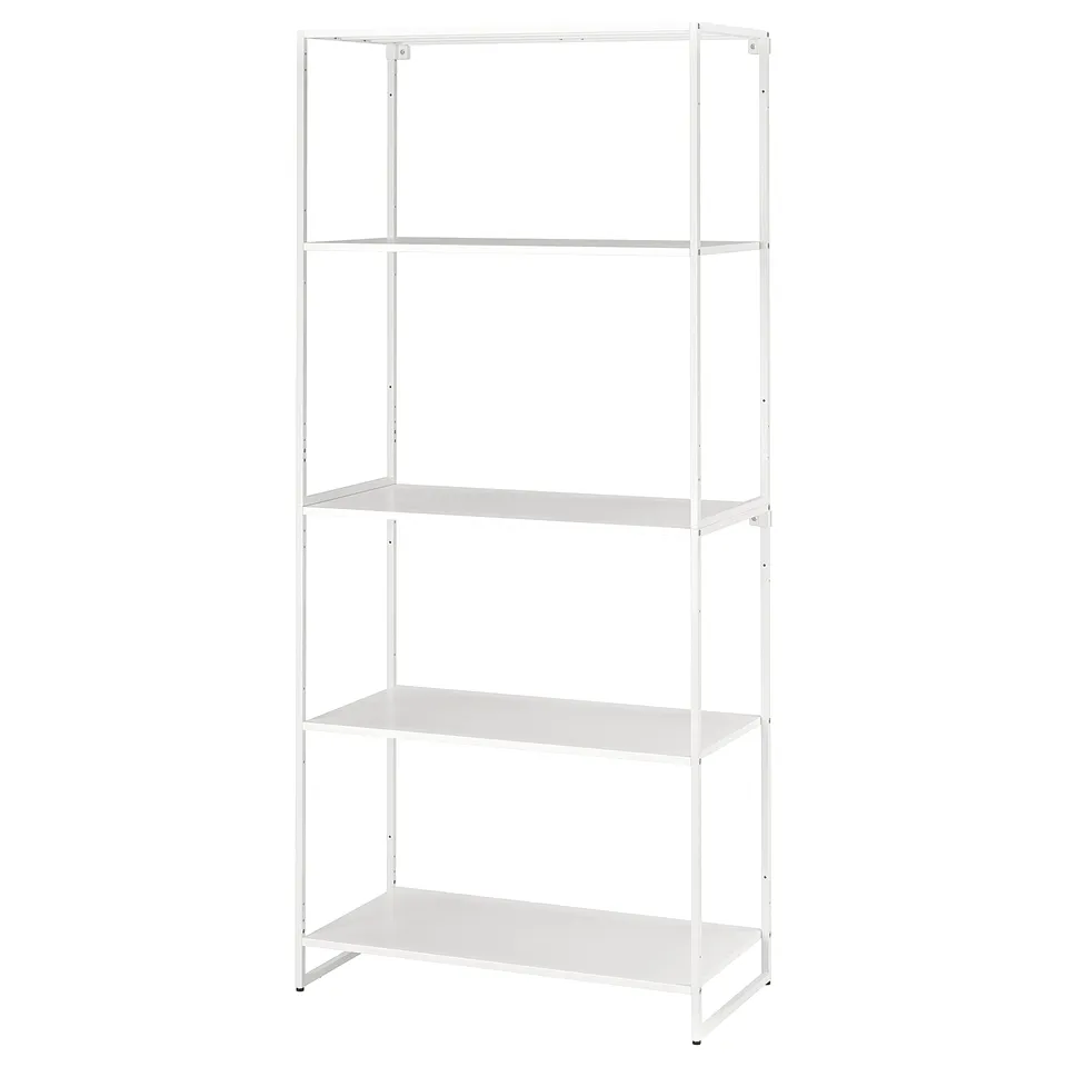 JOSTEIN white metal shelf, four levels, minimalist design, suitable for indoor/outdoor use.