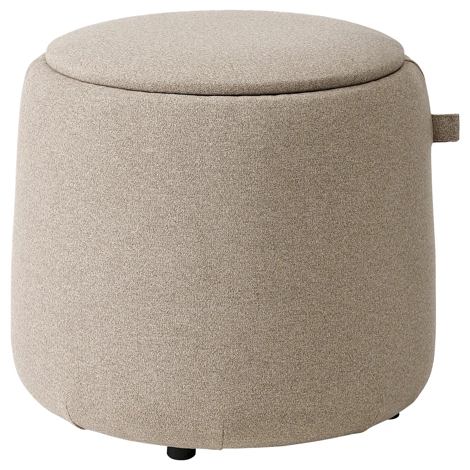 Beige jarrestad round ottoman with soft seat and hidden storage, modern design.