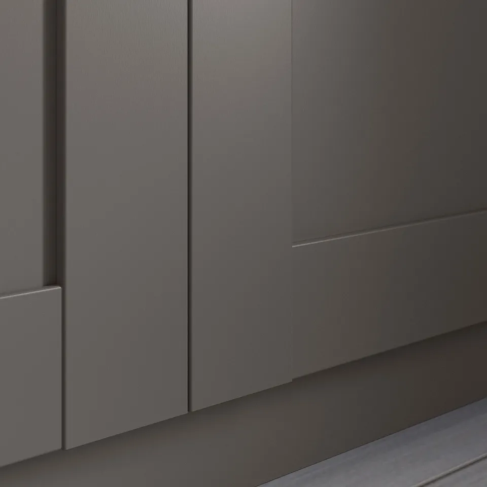 Modern dark grey PAX wardrobe; sleek, rectangular design with minimalist style.