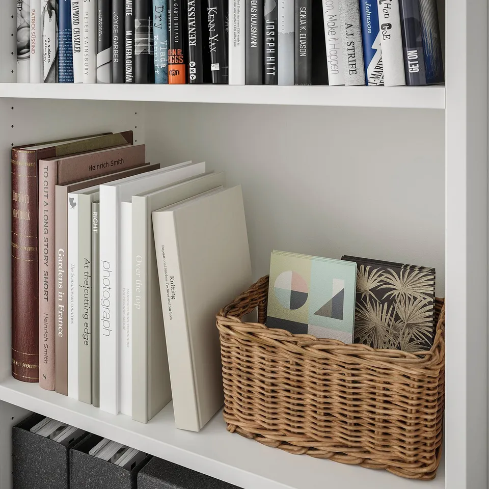 White bookshelf with wicker basket, neat rows of books, some upright, others horizontal, including design and photography titles.