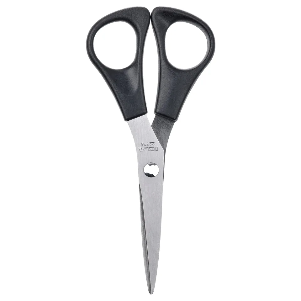 Black scissors with plastic handles and stainless steel blades, designed for both right and left-handed users.