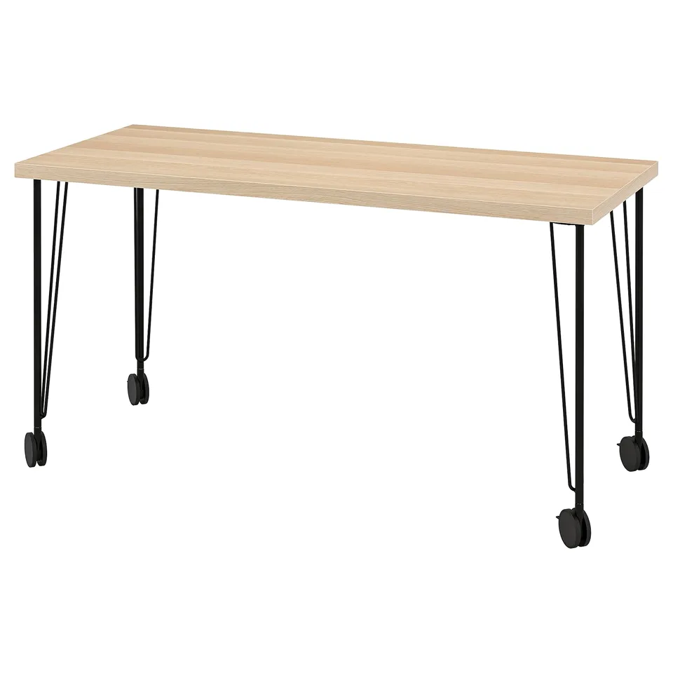 LAGKAPTEN: wooden desk, black metal legs, light brown top, rectangular shape, simple design.