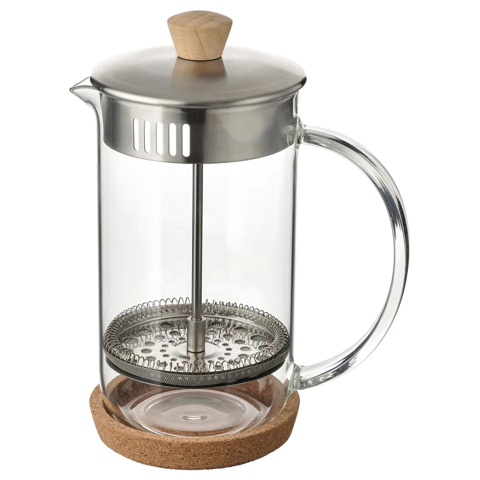 IKEA 365+ glass coffee maker, clear with stainless steel and bamboo top, round base.