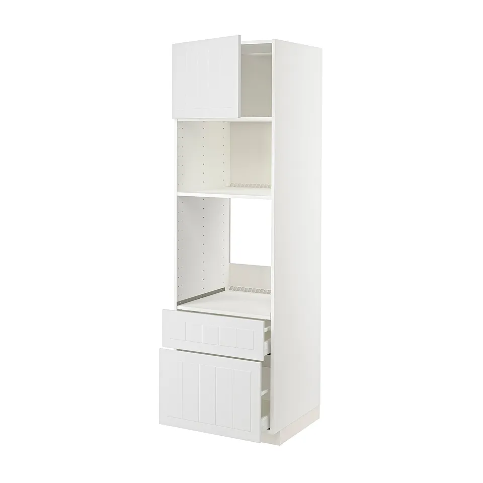 METOD white kitchen unit with shelves and drawers.