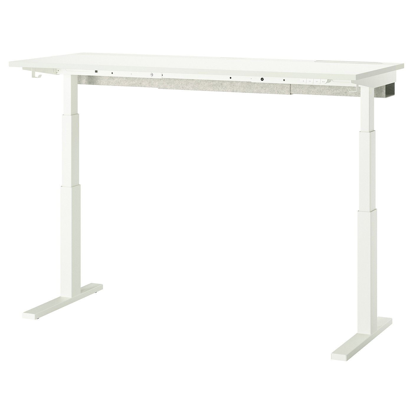 Adjustable white desk with steel legs, cable hooks, cord management felt.