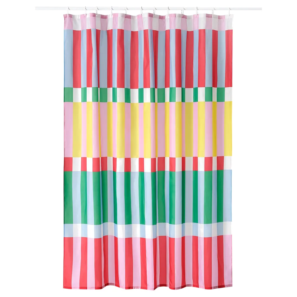 Bright, rainbow-colored shower curtain with multi-block pattern, made from recycled polyester.