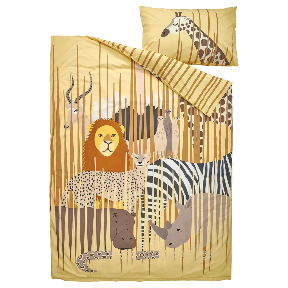 Lion, zebra, giraffe safari duvet & pillow, beige with yellow.