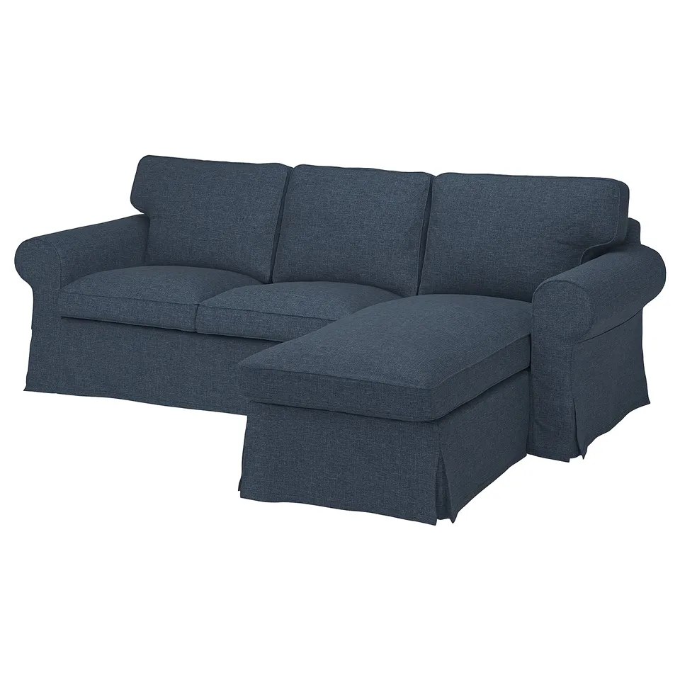 EKTORP sofa, navy blue, l-shaped, comfy cushions, reversible back, polyester cover.