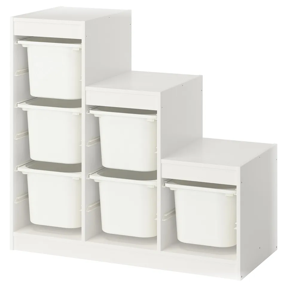 White TROFAST kids storage - 3 shelves with 4 removable bins each.