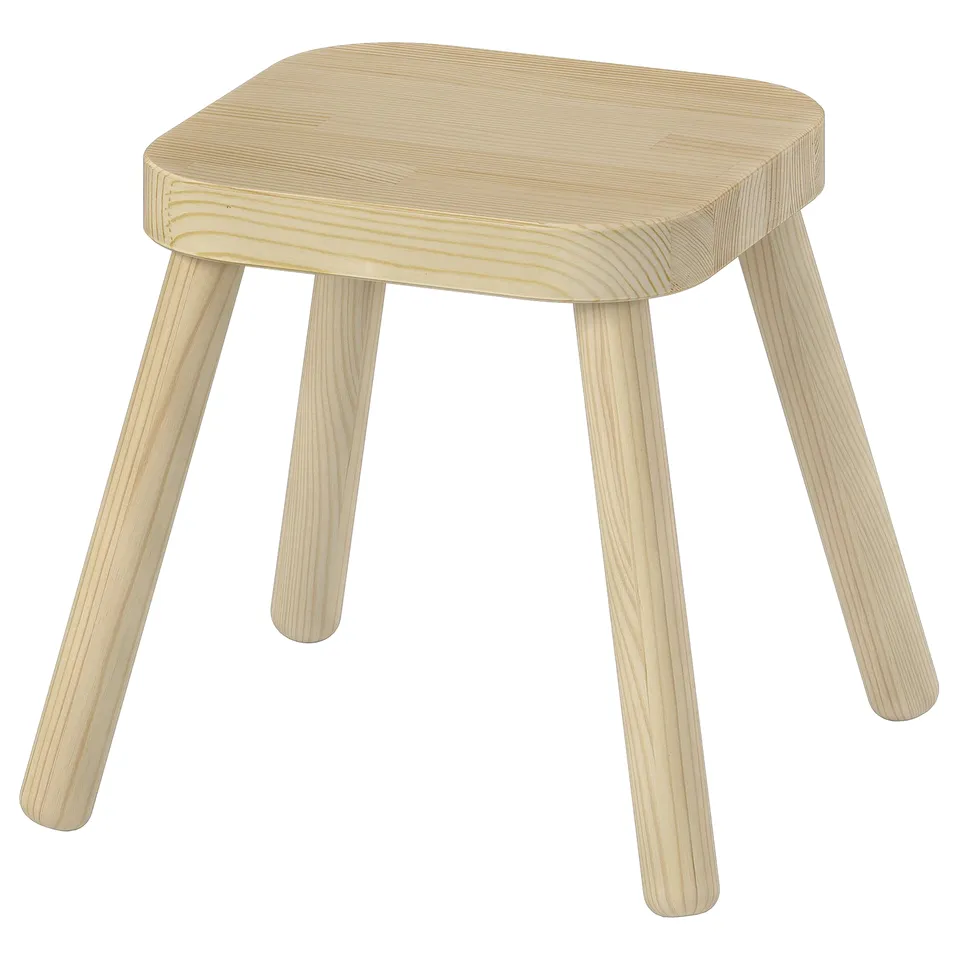 FLISAT: light wooden childrens stool. Square seat, four legs, clear lacquer finish.