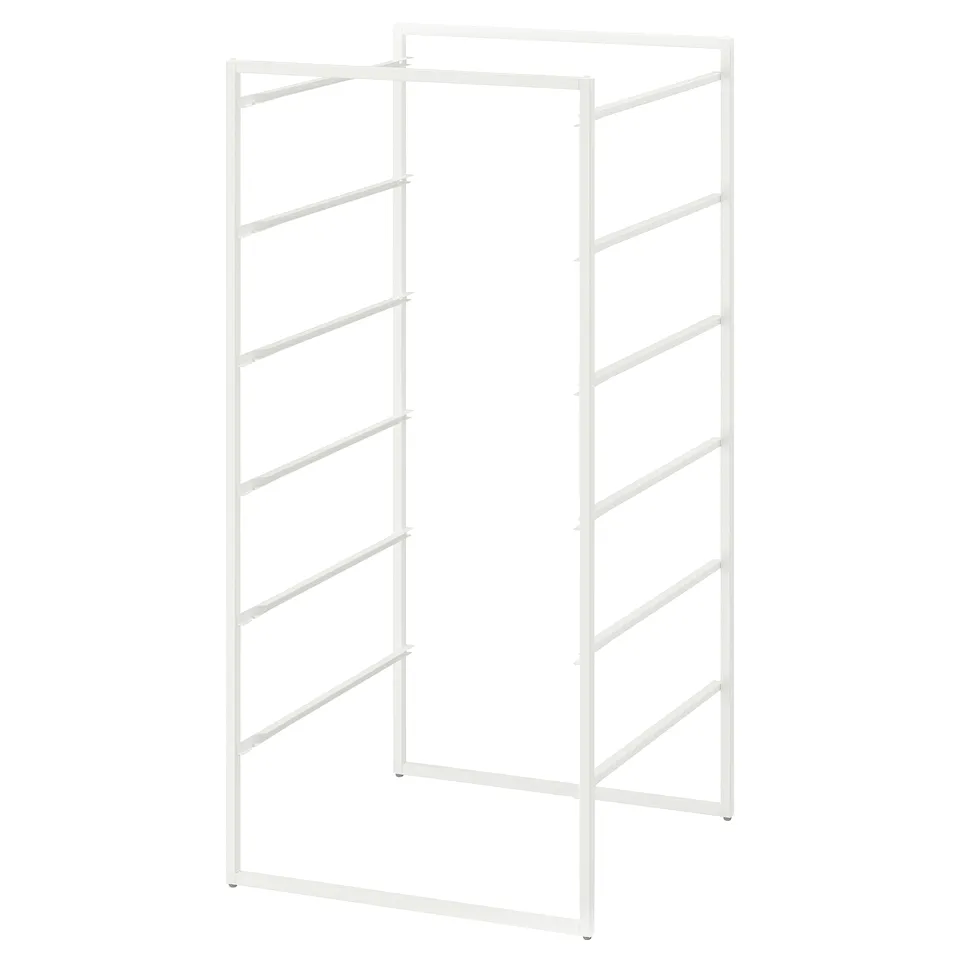 A white JONAXEL metal storage shelving unit. It multiple horizontal bars for shelves, suitable for various spaces including bathrooms.