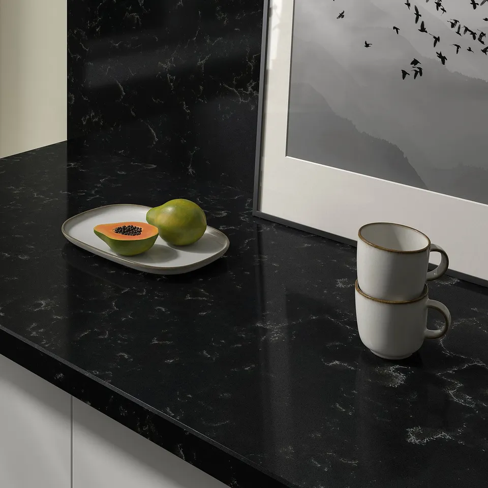 LOCKEBO Custom made worktop, black marble effect/glass composite, 1 m²x4.0 cm