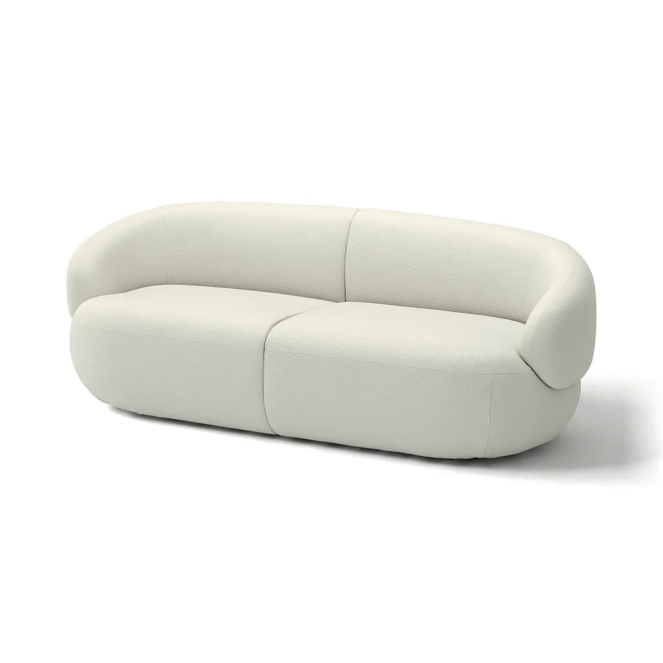 LILLESÄTER sofa: soft white, curved, modern design. Bouclé fabric, plush, inviting shape.