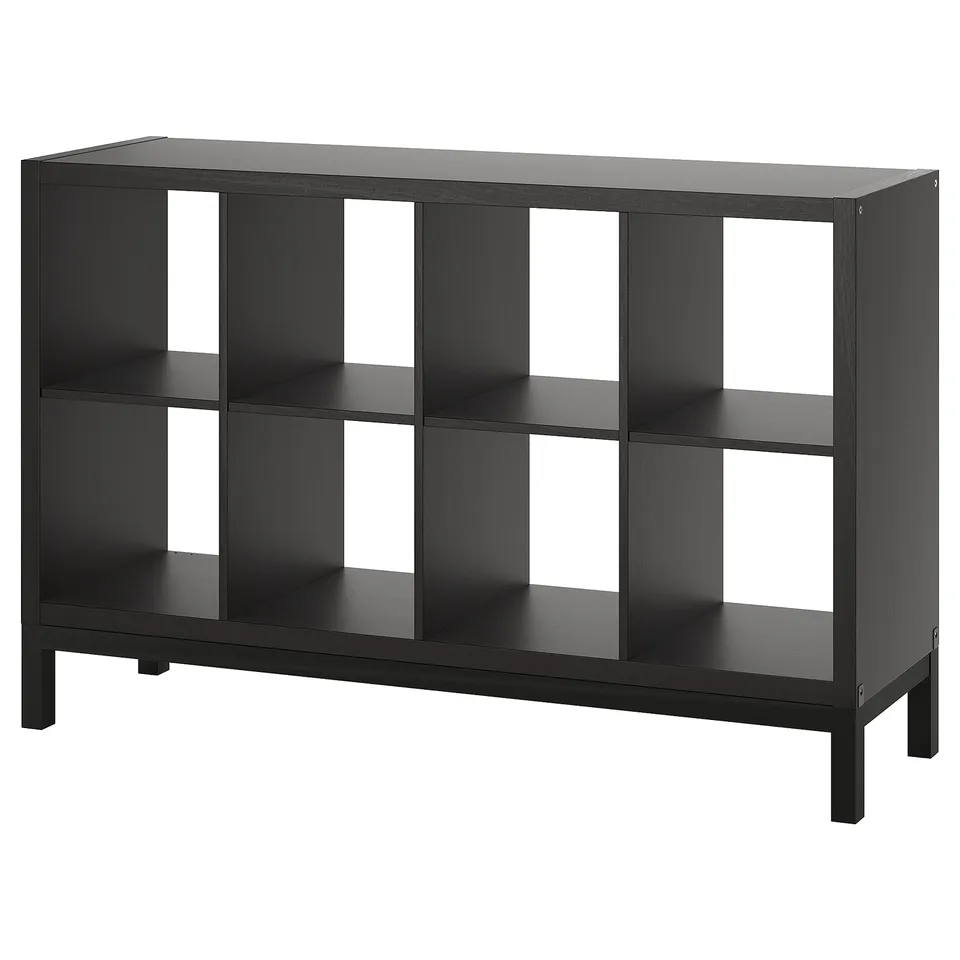 Black KALLAX shelving unit, rectangular, 3x3 grid, open storage, modern design.