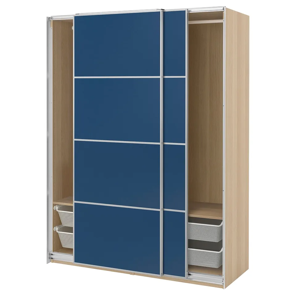 A blue IKEA PAX wardrobe with sliding doors and light wood interior, featuring mesh baskets and hanging rails.