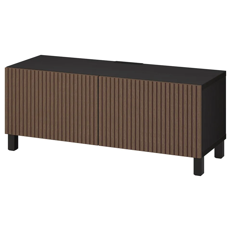 Black and wooden tv stand, rectangular with vertical grooves, adjustable shelves, soft close.