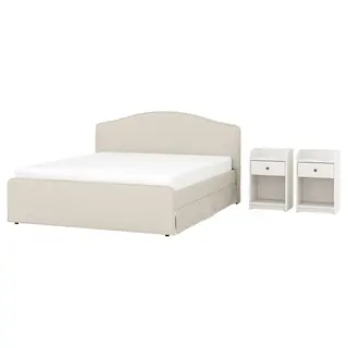 RAMNEFJÄLL / HAUGA bedroom furniture, set of 3, Idekulla beige/white, 150x200 cm