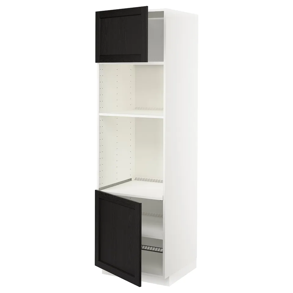 White kitchen cabinet with black stained doors open, white shelves.