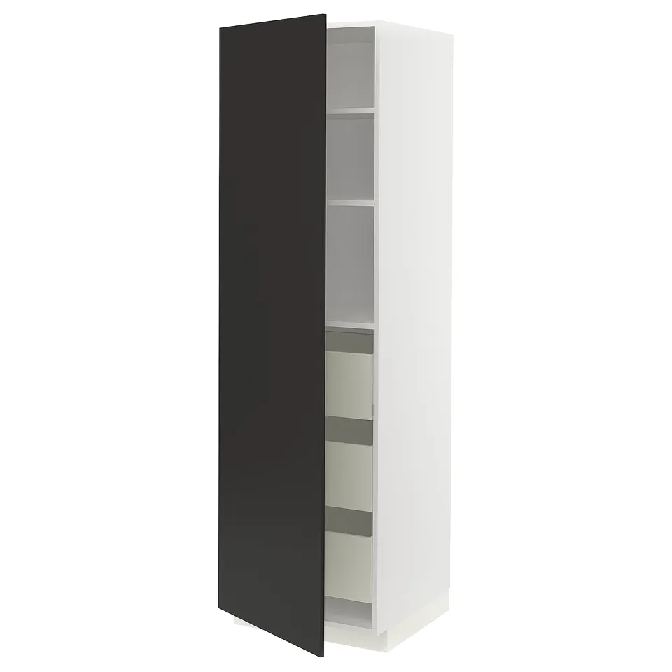 An open white METOD cabinet with black door, glass shelves inside.