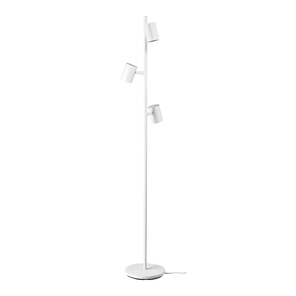 A white NYMÅNE floor lamp with adjustable, directional spotlights.