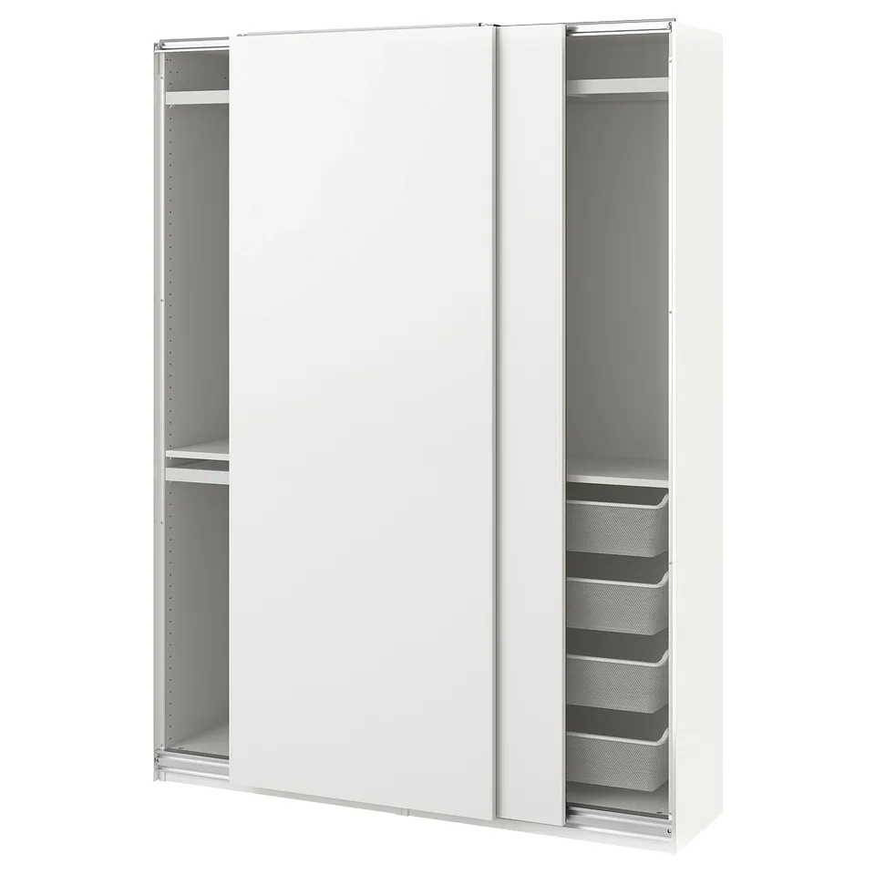 A white ikea PAX wardrobe with sliding doors and mesh baskets.