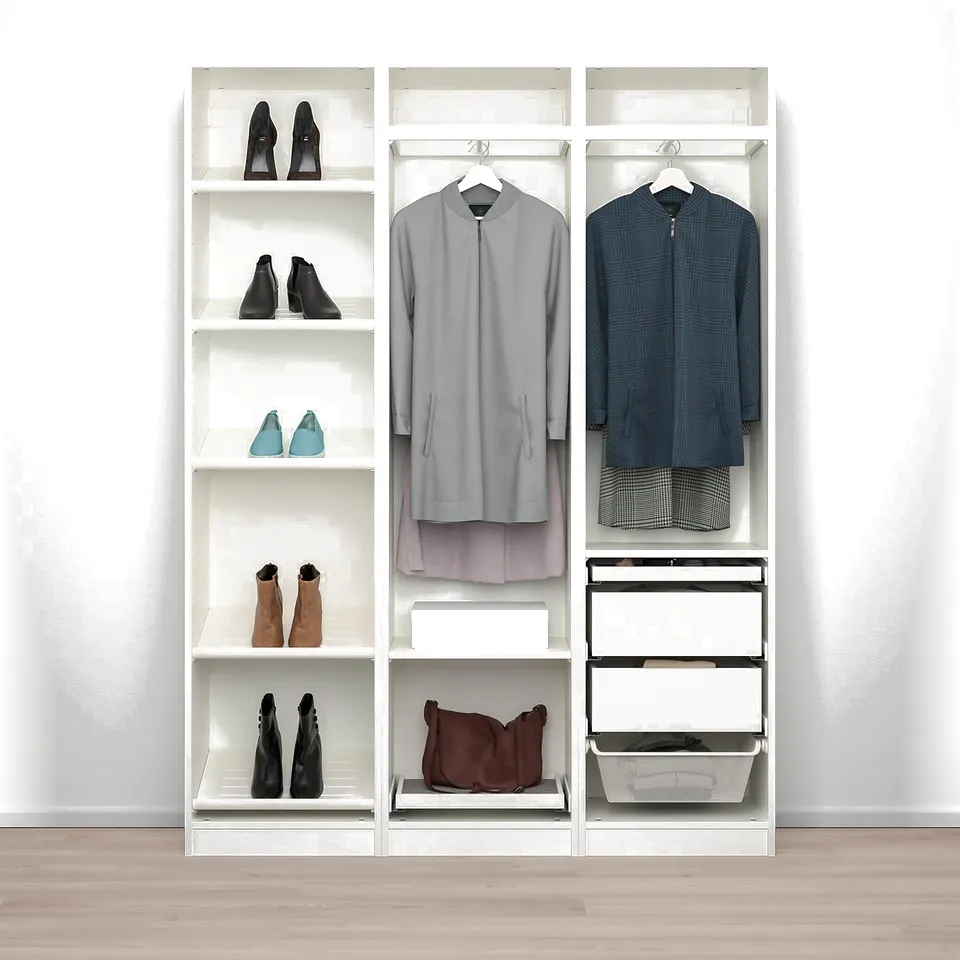 PAX wardrobe: left shelves and boxes; right rail and drawers with bag.