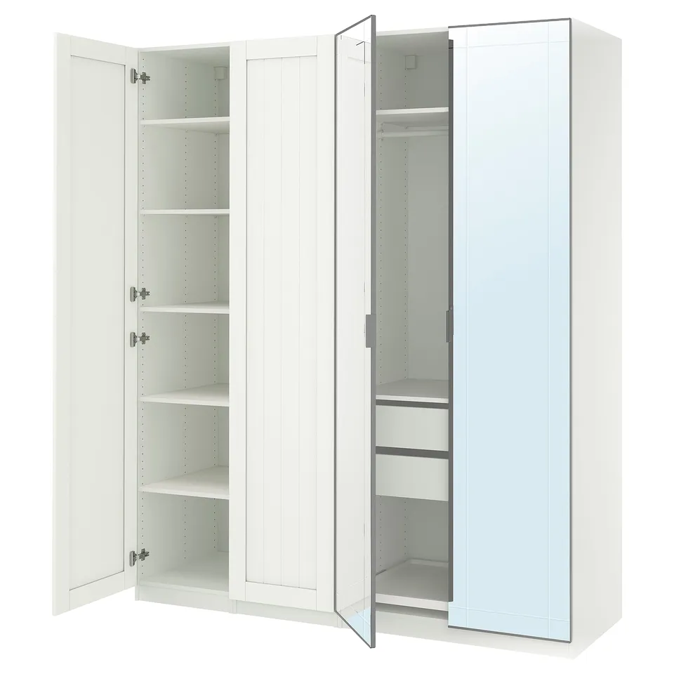 White ikea PAX wardrobe with open doors, adjustable shelves, hanging section, mirrored door.