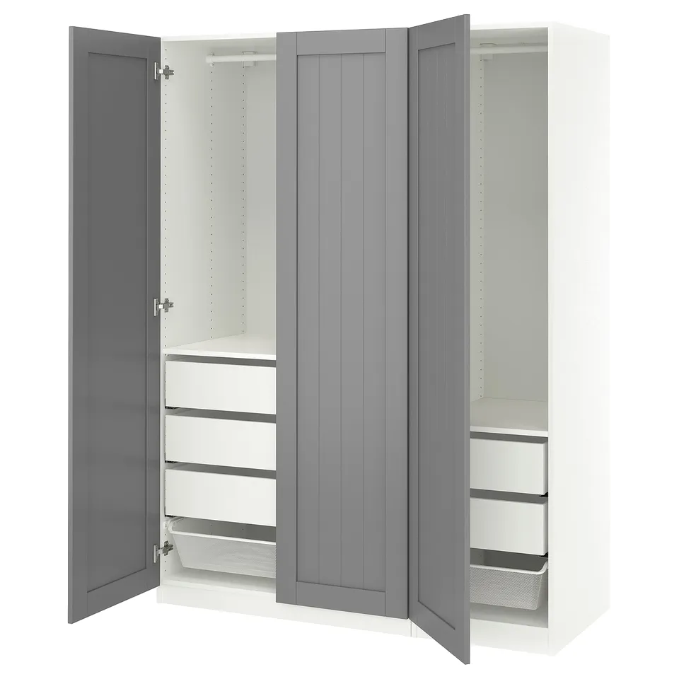 PAX closet, white and grey, open showing shelves and drawers.