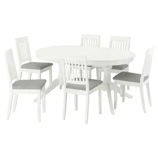 ROSENTORP / NÄSINGE table and 6 chairs, white/Tibbleby beige-grey white, 160/215x110 cm