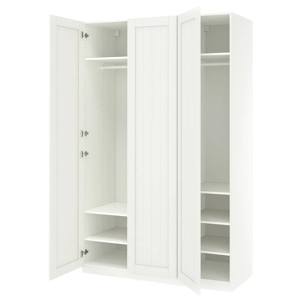 A white PAX wardrobe with open doors, displaying shelves and a hanging rod inside.