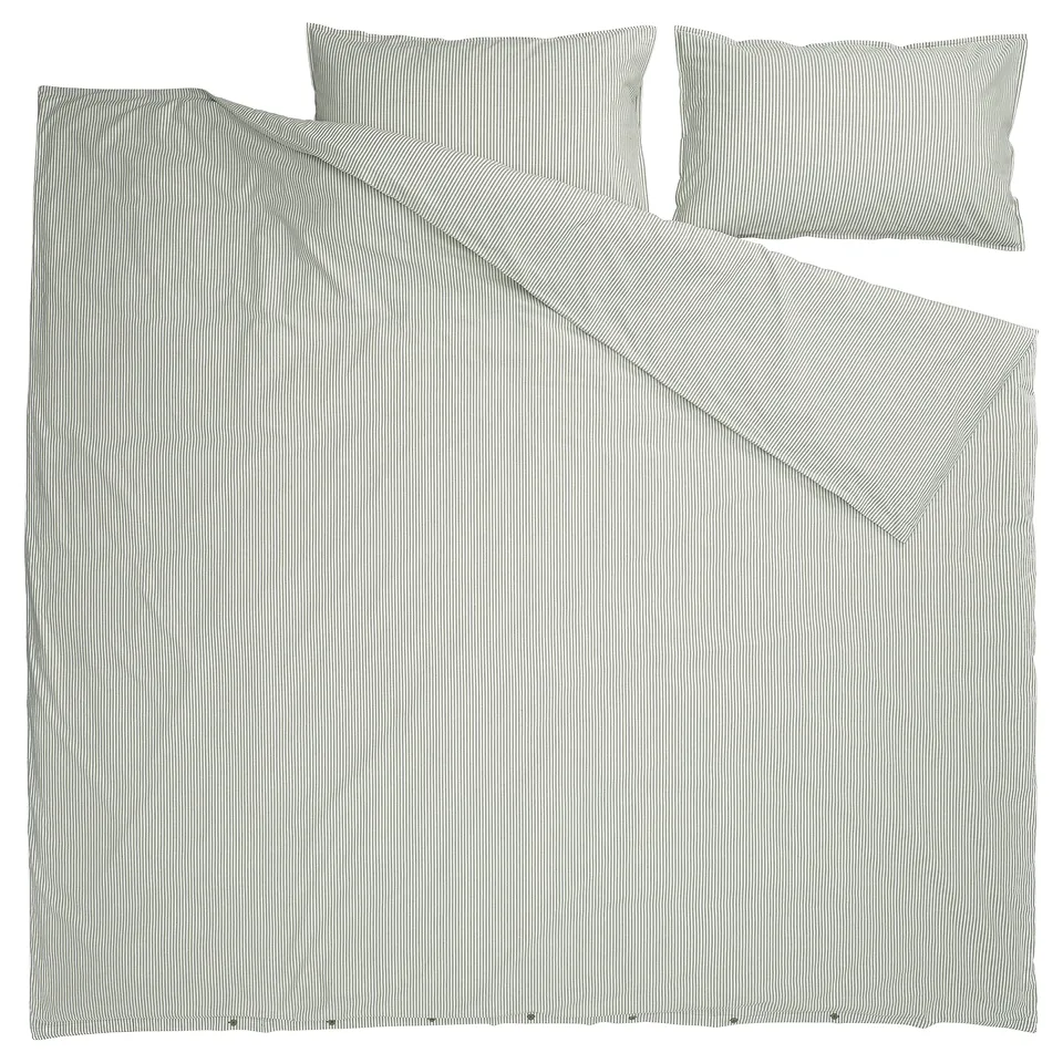 Striped SOLFIBBLA bed set in green, black, and white with cotton fabric. Includes flat and pillowcase with horizontal stripes.