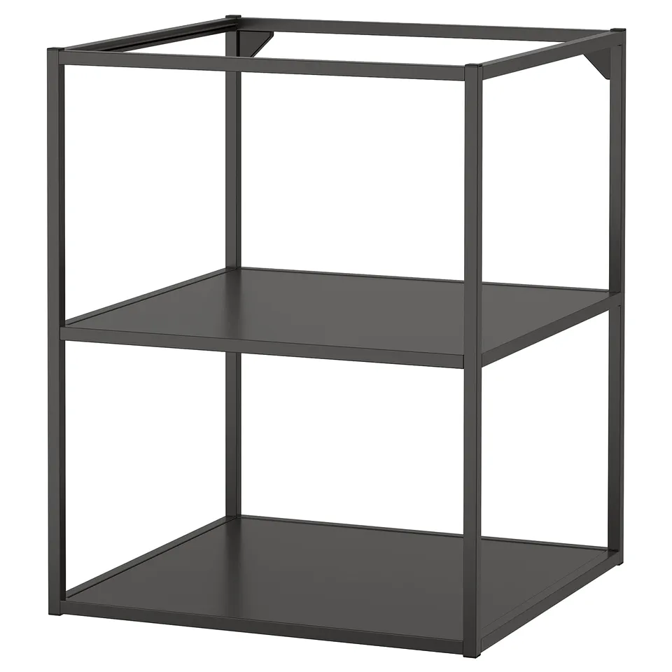 ENHET kitchen storage shelf, black metal frame, two shelves, sleek modern design.