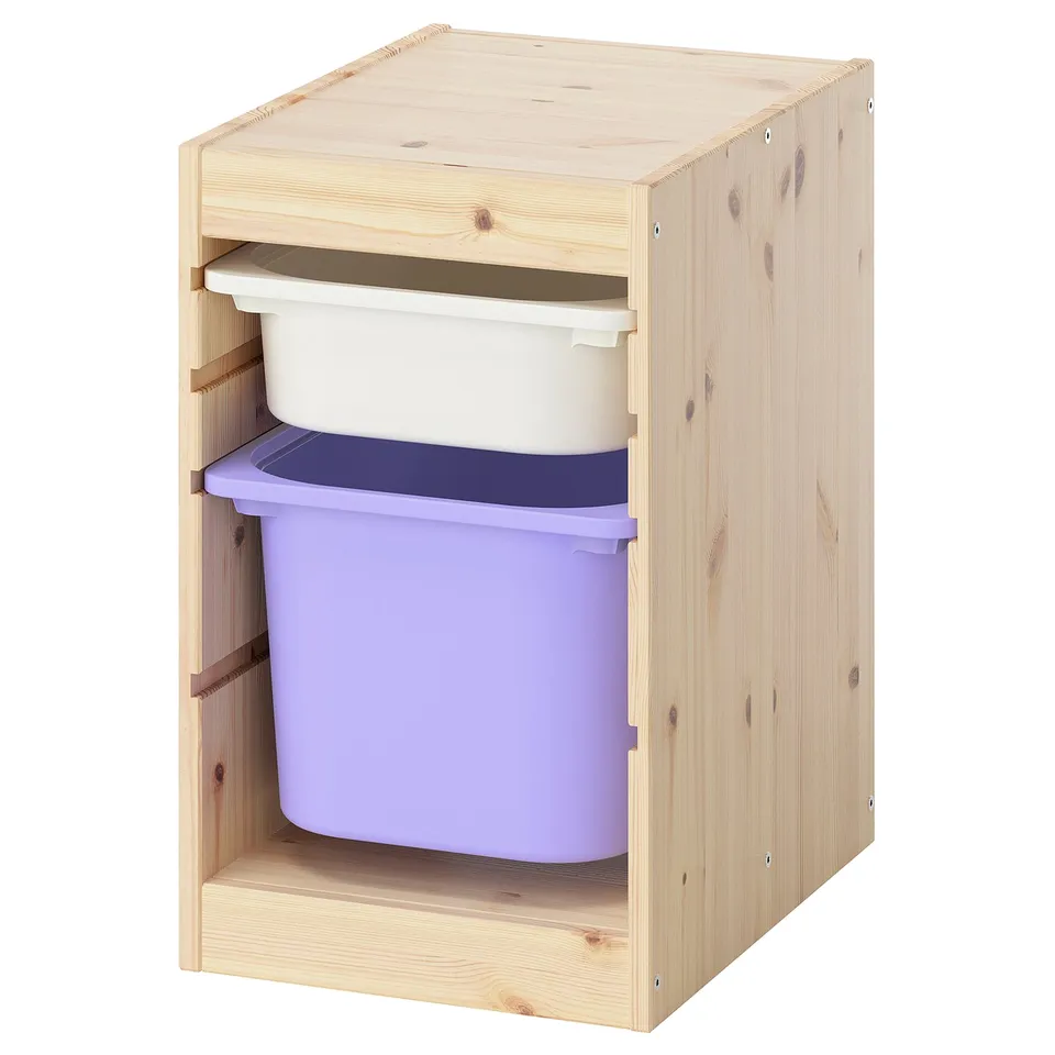 Ikea TROFAST storage unit with purple and white bins, wooden frame, square shape.