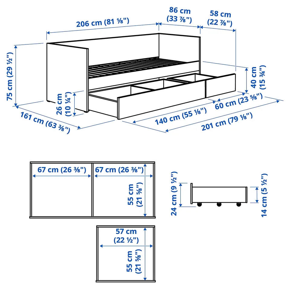 VIHALS Day-bed frame with storage, white, 80x200 cm