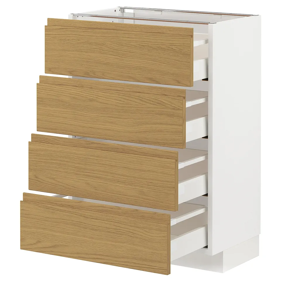 METOD kitchen cabinet with oak wood drawers, four medium-sized drawers, in white and natural wood finish.