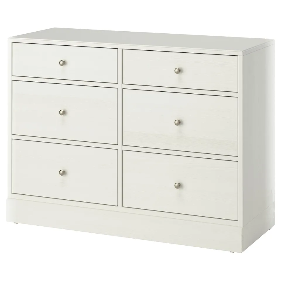 A white HAVSTA chest of drawers with six drawers, made of solid pine and painted pine. It has a simple, clean design suitable for any room.